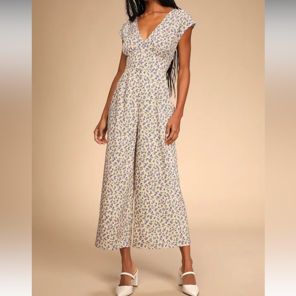 Lulus Blooming In Mind Yellow Floral Print Wide-Leg Jumpsuit